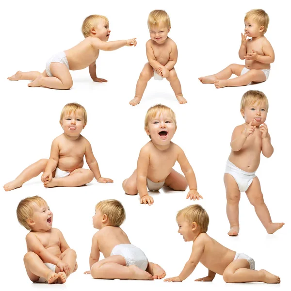 Collage de retratos de niño pequeño, bebé, niño en diferentes poses posando en pañal y haciendo divertidas caras lindas aisladas sobre fondo blanco — Foto de Stock