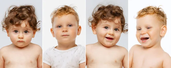 Collage de retratos de cerca de niños pequeños y lindos posando aislados sobre un patio blanco — Foto de Stock