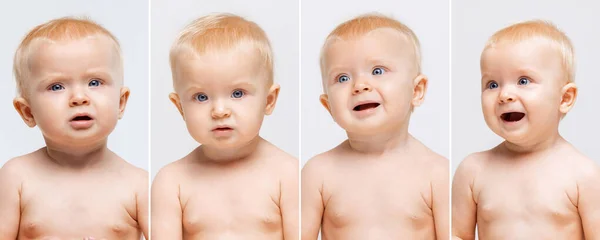 Collage de retratos de niña, bebé, niño sonriendo y posando aislado sobre fondo blanco — Foto de Stock