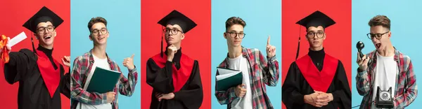 Kollázs portrék fiatal férfi, diák és diplomás elszigetelt piros és kék háttér — Stock Fotó