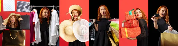 Collage de retratos de hermosa mujer sonriente, shopocholic haciendo actividad de compras aislado sobre fondo multicolor —  Fotos de Stock