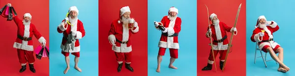 Collage di ritratti a figura intera di Babbo Natale posa isolato su sfondo rosso e blu — Foto Stock