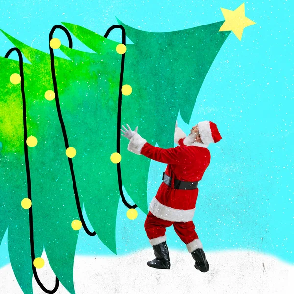 Zeitgenössische Kunst Collage von Santa mit geschmücktem Weihnachtsbaum isoliert über blauem Schnee Hintergrund — Stockfoto