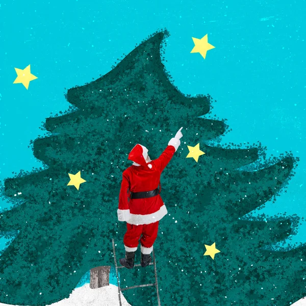 Zeitgenössische Kunst Collage von Santa schmücken großen Weihnachtsbaum isoliert über blauem Hintergrund mit gelben Sternen — Stockfoto