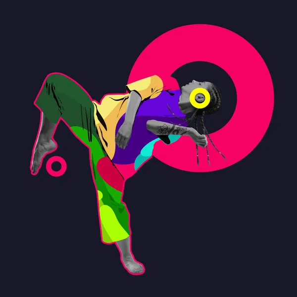 Collage d'art contemporain de fille élégante, danse hip-hop isolé sur un cercle géométrique rose sur fond violet foncé — Photo