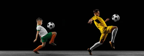 Collage of young boy and teenager, football players in motion, training isolated over black background — Stock Photo, Image