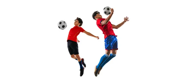 Collage de niño y adolescente, jugadores de fútbol en movimiento, entrenamiento aislado sobre fondo blanco. Bola de patadas con pecho —  Fotos de Stock
