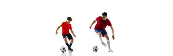 Collage of young boy and teenager, football players in motion, training isolated over white background — Stock Photo, Image