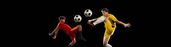 Collage van jonge jongen en tiener, voetballers in beweging, training geïsoleerd over zwarte achtergrond — Stockfoto