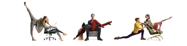 Collage de seis personas, hombres y mujeres, realizando movimientos de ballet aislados sobre fondo blanco —  Fotos de Stock