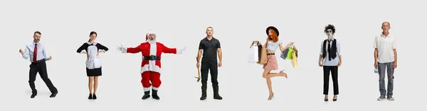 Collage de diferentes personas de pie en una línea aislada sobre fondo blanco. Diferenciación —  Fotos de Stock