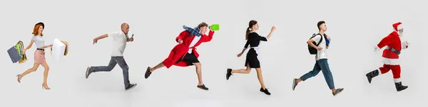 Collage of different people running right side in a line isolated over white background — Stock Photo, Image