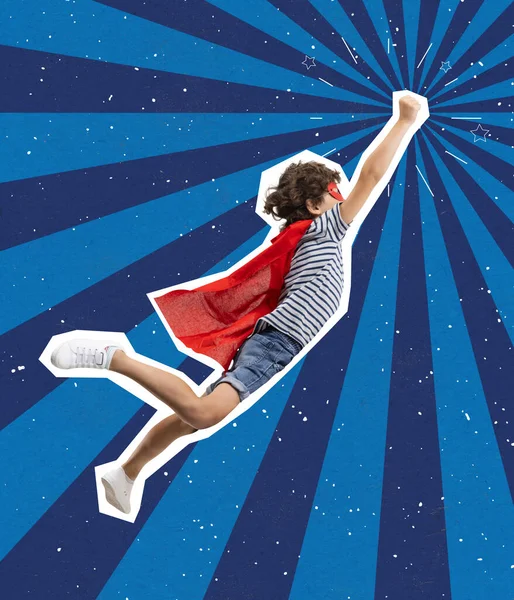 Contemporary art collage of little boy wearing red cloak and flying like superman isolated over blue background — Stock Photo, Image