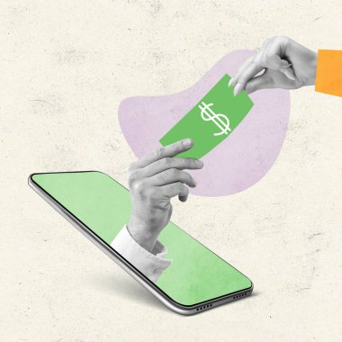 Beyaz arka planda izole bir şekilde telefon ekranından para çıkaran çağdaş sanat kolajı. Çevrimiçi ödemeler