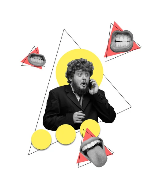 Collage d'art branché de l'homme parlant au téléphone, de la bouche des femmes. Conception de figures géométriques. Des commérages — Photo