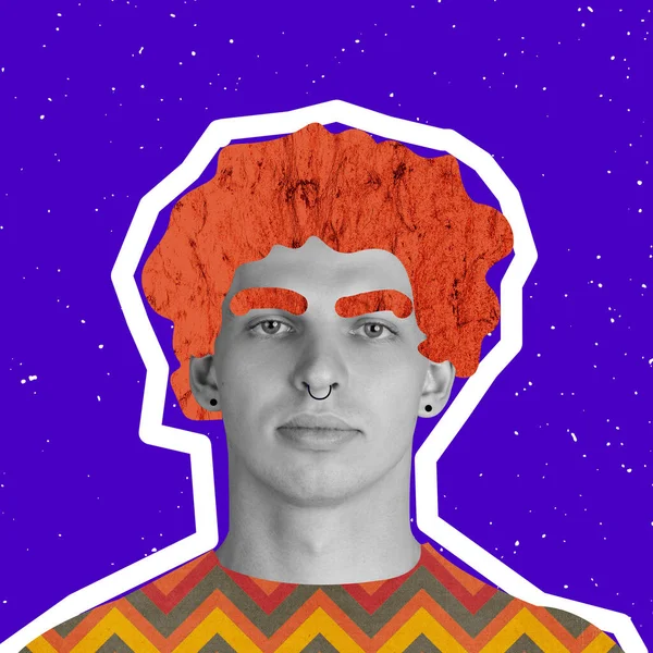 Kreatywny projekt. Współczesny kolaż artystyczny młodego człowieka z czerwonymi, narysowanymi włosami na niebieskim tle. Styl retro — Zdjęcie stockowe