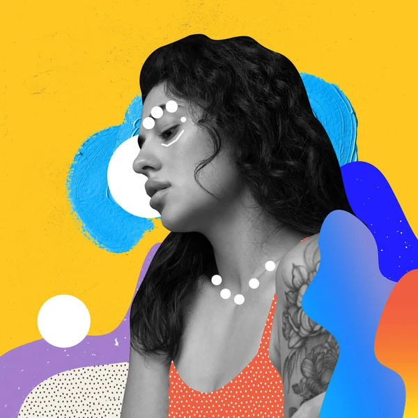 Collage d'arte contemporanea di giovane donna con elementi disegnati colorati isolati su sfondo multicolore — Foto Stock