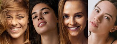 Dört genç ve güzel kadının yakın plan portrelerinin kolajı