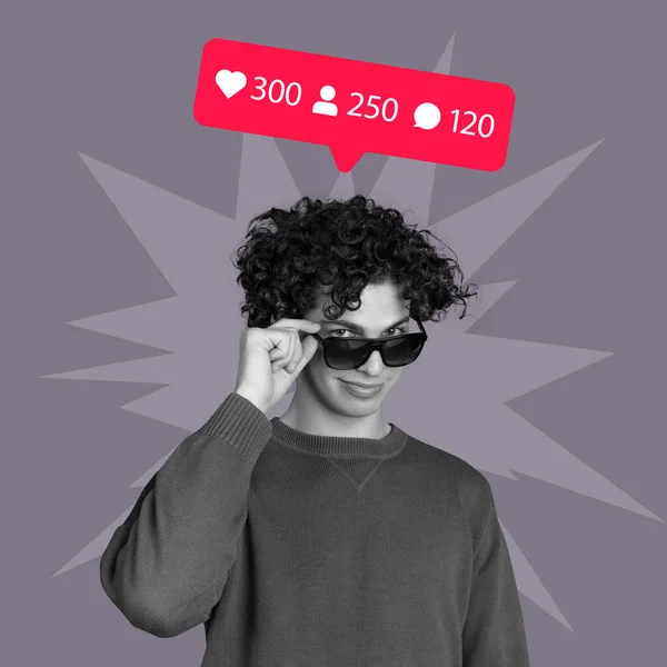 若い男の子の現代美術のコラージュ,暗い灰色の背景に隔離されたアカウントでフォロワーの成長を持っているソーシャルメディアユーザー — ストック写真