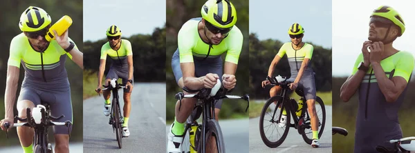 Conjunto de imágenes de entrenamiento de ciclista masculino de triatlón aislado en carretera, al aire libre. Concepto de deporte, acción, movimiento. — Foto de Stock