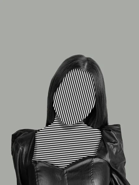 Collage d'arte contemporanea di giovane ragazza senza volto isolata su sfondo grigio — Foto Stock