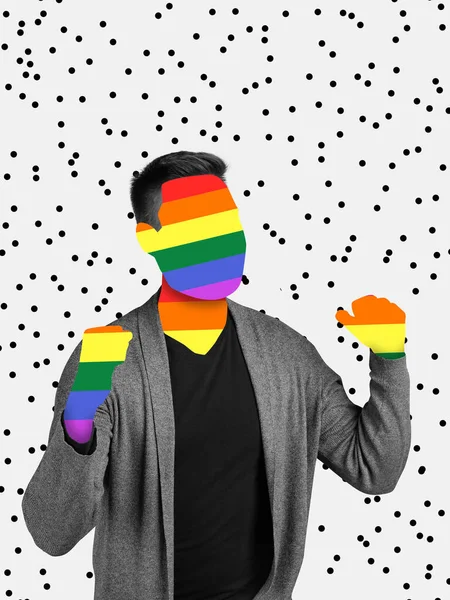 Contemporary art collage of faceless man with lgbt flag colors isolated over white background — Stock Photo, Image