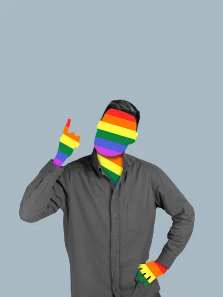 Collage de arte contemporáneo del hombre sin rostro con colores de bandera lgbt aislados sobre fondo gris —  Fotos de Stock