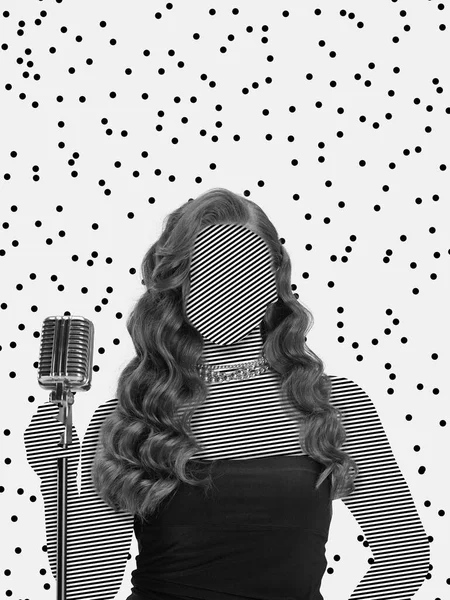 Contemporary art collage of female jazz singer blank face space, faceless isolated over white background — 图库照片