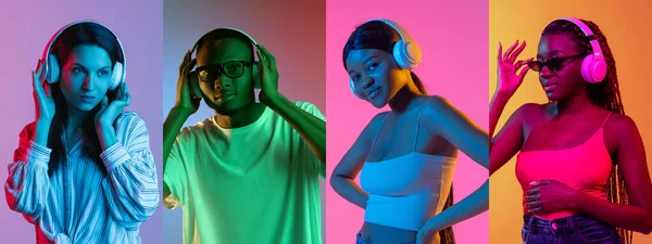 Collage of young fashionable people, man and women listening to music in headphones isolated over multicolored background in neon — Stockfoto
