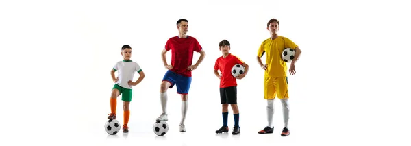 Collage of four male sportsmen, football players of different age posing in uniform isolated over white background — 图库照片