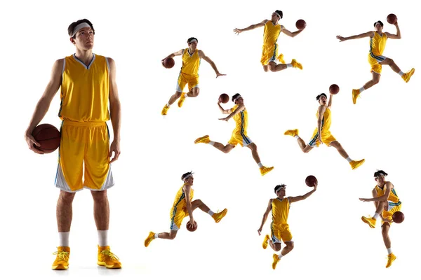 Koláž portrétu profesionálního fotbalisty ve žluté uniformě hraní, trénink izolované přes bílé pozadí — Stock fotografie