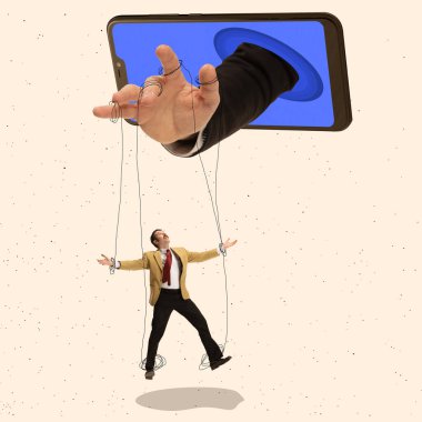Çağdaş sanat kolajı. İnsan eli telefon ekranını uzatıyor ve kukla gibi adam dövüyor.