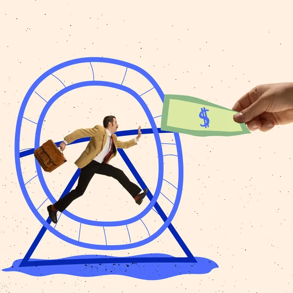 Colagem de arte contemporânea. Empresário correndo em uma roda de humster para pegar dinheiro — Fotografia de Stock