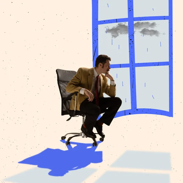 Creative collage of businessman sitting near window. Working from home due coronavirus pandemic — Stockfoto