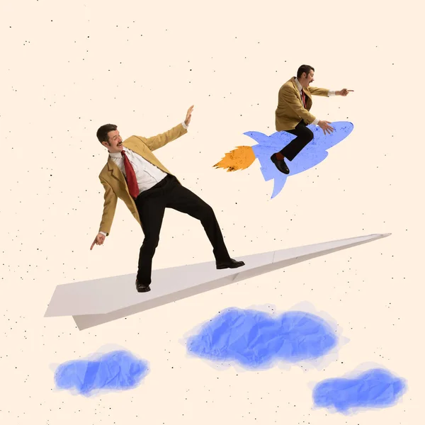 Contemporary art collage of two businessmen on a paper plane and rocket flying forward — Stock Photo, Image