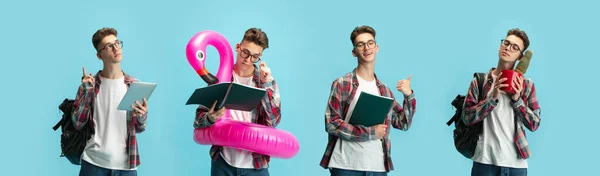 Collage of portrait of cherful young boy, student with notpad, book, swimming circle and cactus posing isolated over blue background — Stock Photo, Image