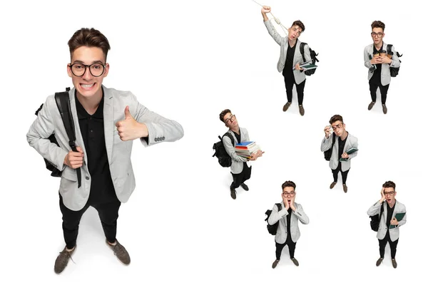 Collage of portraits of young boy in gray suit, student in glasses posing isolated over white background — 图库照片