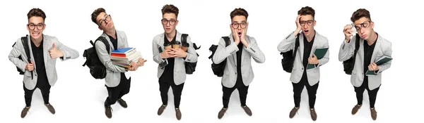 Collage of portraits of young boy, motivated student in glasses posing isolated over white background — Fotografia de Stock