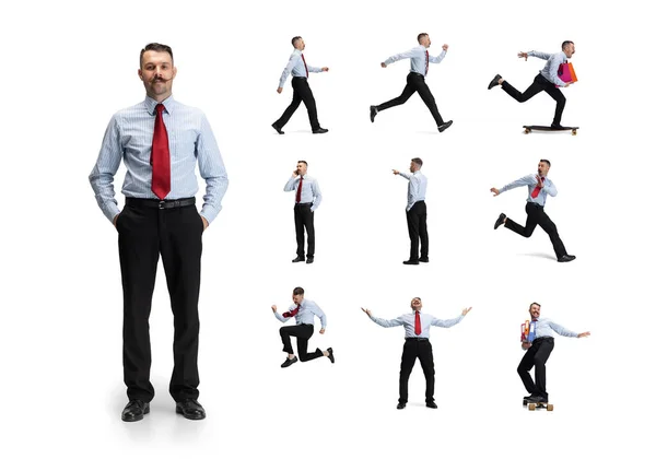 Colagem de empresário, pastas do trabalhador de escritório posando em diferentes poses isoladas sobre fundo branco — Fotografia de Stock