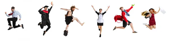 Colagem de pessoas diferentes pulando em uma linha isolada sobre fundo estúdio branco — Fotografia de Stock