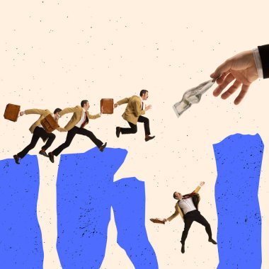 Yaratıcı tasarım. Bir grup işadamı para kazanmak için koşuyor ve uçurumdan yuvarlanıyor.