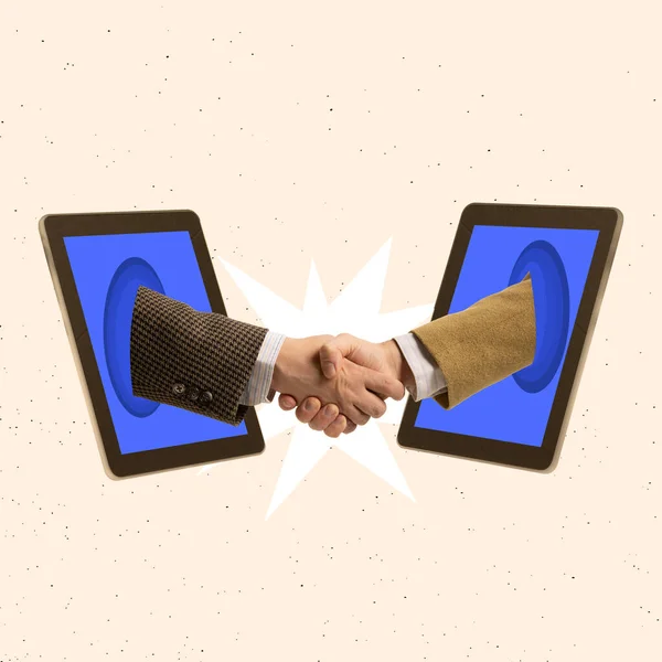 Contemporary art collage. Two male hands sticking out tablet screen and doing handshake — Stockfoto