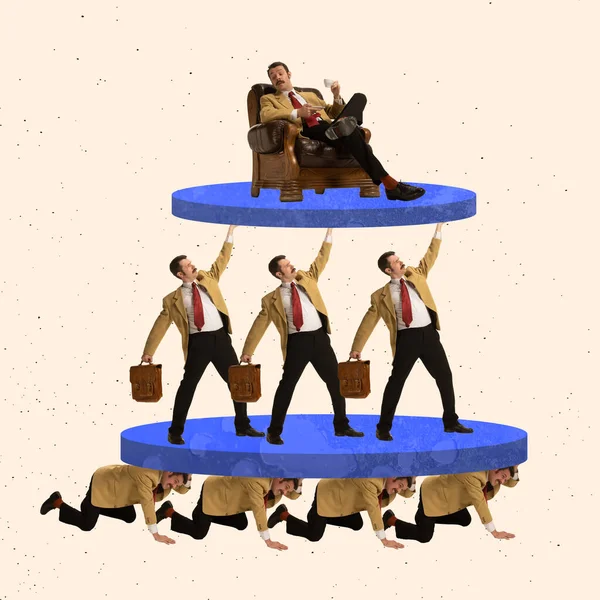 Design créatif. Collage d'art contemporain d'hommes d'affaires debout en pyramide selon la hiérarchie ouvrière — Photo