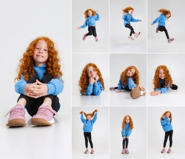 Gri stüdyo arka planında izole edilmiş küçük güzel kız portrelerinin kolajı.