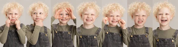 Collage von Bildern eines kleinen Vorschuljungen, der isoliert vor grauem Studiohintergrund posiert. — Stockfoto