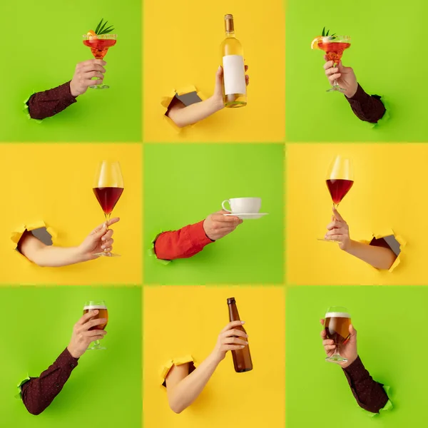 Collage van handen met bierglas en -fles, cocktail, koffiekop en wijnfles breekt door gele en groene papieren achtergrond — Stockfoto