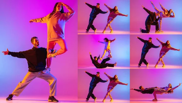 若いカップルのコラージュ、ネオンライトでグラデーションピンク紫色の背景にコンテンポラリーダンス — ストック写真