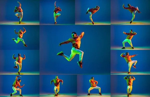 コラージュ。若いスタイリッシュな男の肖像、現代的な動きのダンサー、ネオンで青の背景に隔離されたヒップホップを実行 — ストック写真