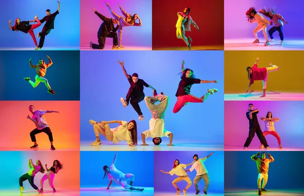 Collage van jonge mensen dansen hip hop geïsoleerd over veelkleurige achtergrond in neon lichten — Stockfoto