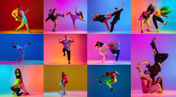 Collage of young people dancing hip hop isolated over multicolored background in neon lights — Fotografia de Stock
